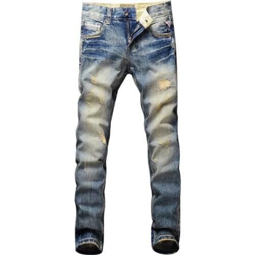 Fashion Men Jeans Retro Wash Destroyed Ripped Jeans Italian Style Patchwork Denim Pants High Quality Vintage Designer Jeans