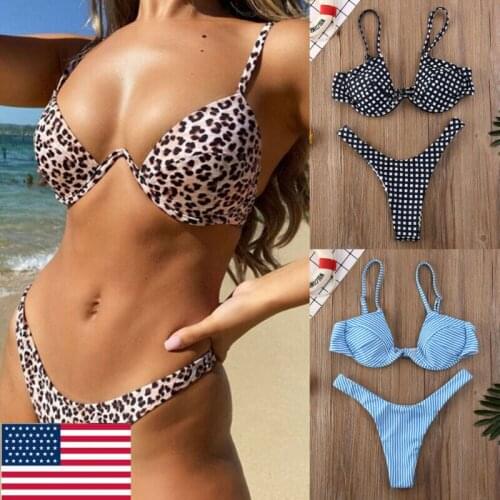 Hirigin Leopard Bikini Sets Women Swimwear Sexy Push Up Padded Bra Low Waist Thong Swimsuit Female Beachwear Bathing Suit