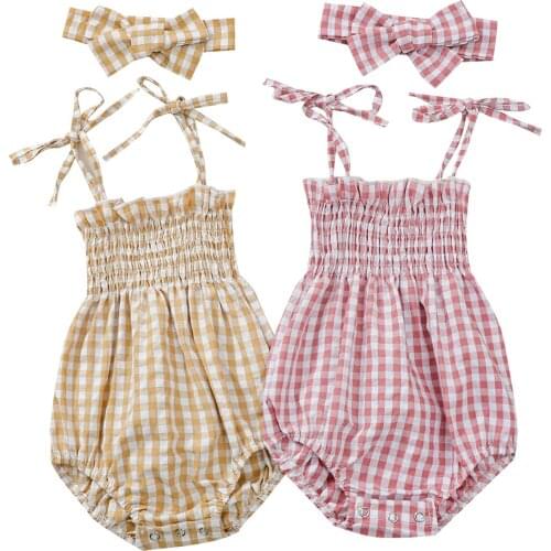 Wallarenear 0-24M Newborn Baby Girl Summer Clothing Set Sleeveless Plaid Printed O-Neck Romper Jumpsuit 2Colors