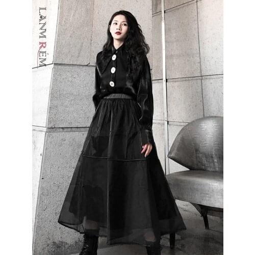 LANMREM Women 2021 Autumn Elastic High Waist Pleated Multi-layer Mesh Puffy Skirts Female Black Long Skirt Streetwear 2W445
