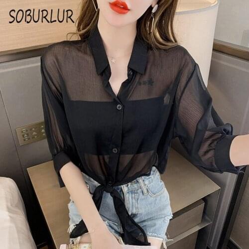 SOBURLUR 2021 Summer New Solid Color Chiffon Coat Basic Blouses Womens Shirt Blousas Women‘s Clothing Top Woman Sexy Crop