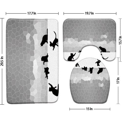 3Pcs Set Bath Mat Cat Silhouette On Geometric Background Floor Mat U-Shaped Pad Bathroom Rug Carpet Anti Slip Toilet Seat Cover