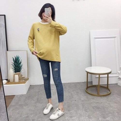 2019 New Style Pregnant WOMENS Long-Sleeve T-shirt Korean-style Maternity Clothes Basis Striped Top