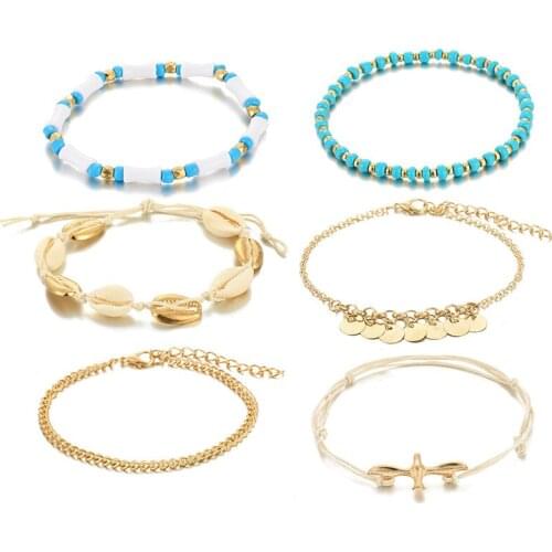 Bohemian Green Beads Shell Anklet Alloy Multilayer Beaded Shell Braided Anklets 6-Pieces Set Women Beach Foot Ornament Jewelry