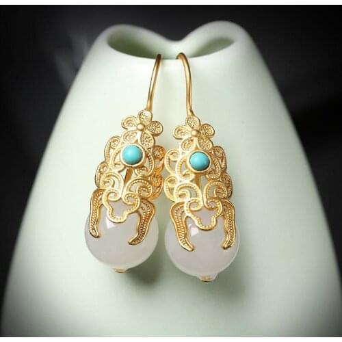 Hetian jade Peking Opera mask gold inlaid jade 925 sterling silver earrings national style earrings retro earrings temperament f