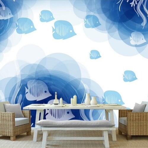 Embossed 3D Wallpaper Custom Photo Wallpapers For Living Romm Bedroom Wall Papers Hand Painting Blue Fish Wall Papers Home Decor