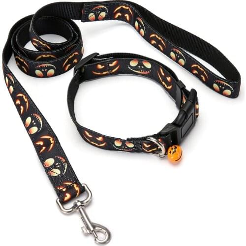 Halloween Decor Dog Collar and Leash With Bell Pet Supplies Outdoor Running Walking Training Safe Rope Collar Harness Leash