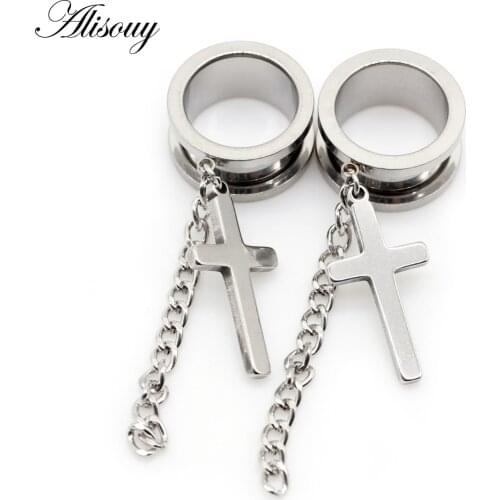 Alisouy 2Pcs Ear Piercing Dangle Cross Ear Plugs and Tunnels Stainless Steel Oreja Gauges 6-25mm Ear Expander Punk Body Jewelry