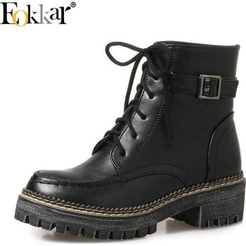 Eokkar 2019 Wome Ankle Boots Pu Leather Fashion Women Boots Winter Shoes Square Heel Solid Lace Up Women Shoes Size 34-43
