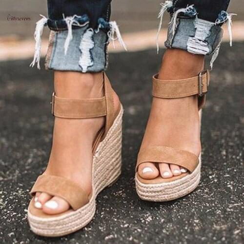 Large Size Women Sandals Summer Women Shoes Wedge Buckle Belt Open Toe Slope Heel Weaving Sandals Sandalias De Las Mujeres