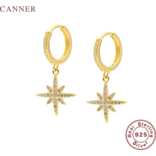 CANNER Earrings For Women Real 925 Sterling Silver Octagonal Star Earrings Hoops Zircon Diamond Korean Silver Gold Jewelry
