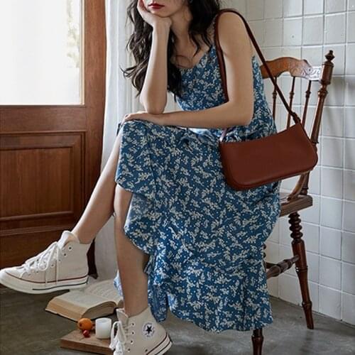 2021 French Women Long Dress Summer Printed Floral V-neck Blue Sleeveless Dress for Women Vintage Party Dresses Vestido 14688