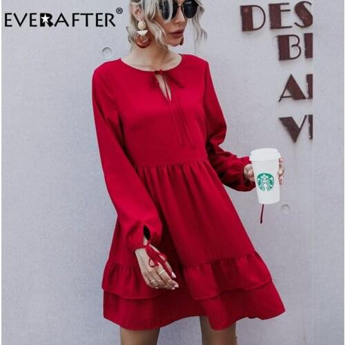 EVERAFTER Fashion solid color dress women O-neck lace up long sleeve Autumn dress sexy hollow out loose ruffles high waist dress