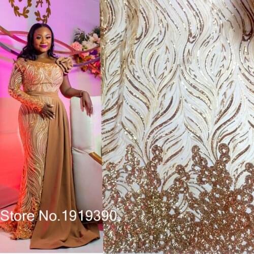 Gold African Lace Fabric 2021 High Quality Lace with Sequins 5 Yards, French Tulle Nigerian Lace Fabrics for Sewing Dress J10366