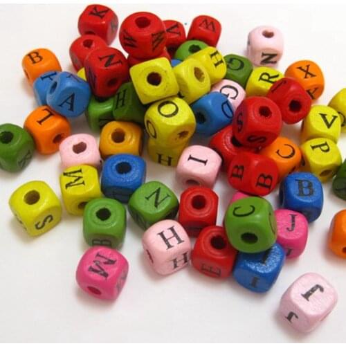 100 Mixed Bright Candy Color 10mm Cube Wood Alphabet Letter Beads