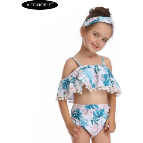 2019 Children Kids Girls Swimwear Beachwear Teen Baby Biquini Bikini 2 Pieces Ruffle Top and High Waist Bottom