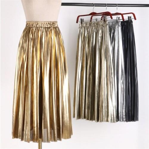 Big Size Autumn Vintage Women Metal Sense Skirts Fashion Large Swing Pleated Skirt Midi Long Lady High Waist A-line Skirt WZ942