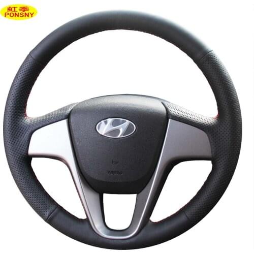 PONSNY Artificial Leather Car Steering Wheel Covers Case for Hyundai Verna i20 2010-2014 Hand-stitched Cover
