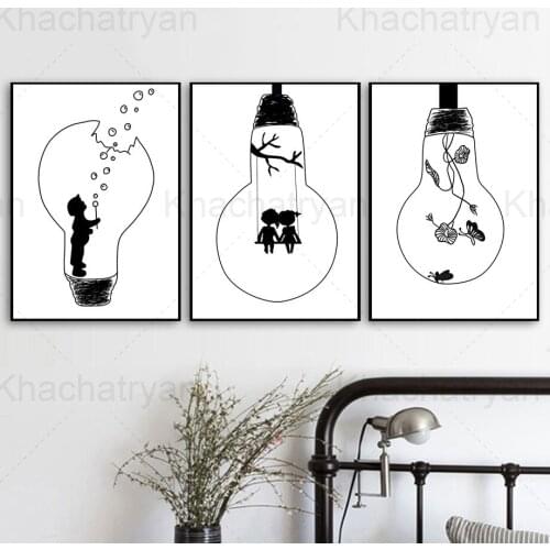 Black and White Home Decoration Painting Flowers In Light Bulbs and Children Living Room Canvas Posters Children Swinging Prints