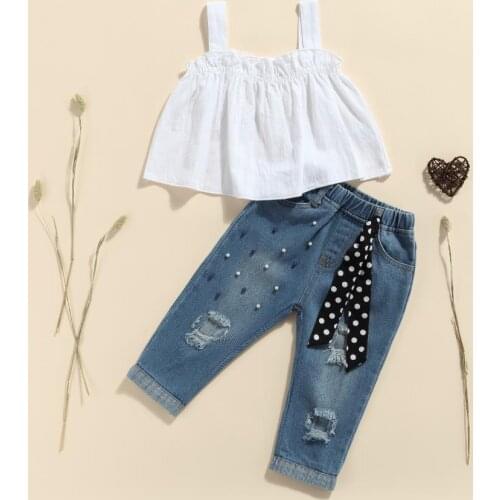 2 Pieces Kids Suit Set, Solid Color Sleeveless Tops+ Ripped Jeans with Dots Strap for Toddler, 2-7 Years