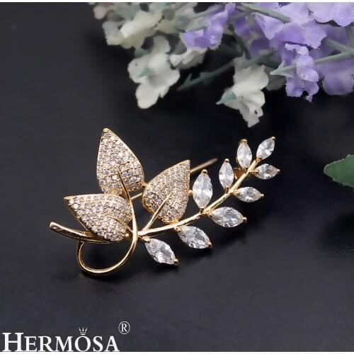 HERMOSA JEWELRY Exquisite Zircon Leaf Brooch For Women Yellow Gold Elegantl Pins Brooches Party Gift Wedding Jewellery