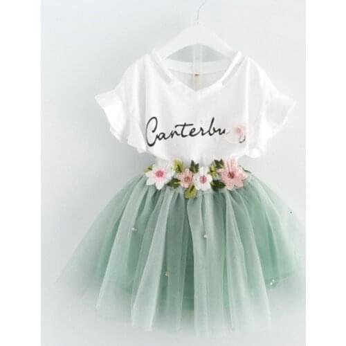Girls Flower Set Childrens Clothing Suit Short Sleeve Shirt T-shirt Shorts 2-piece Set Princess Puff Skirt Set