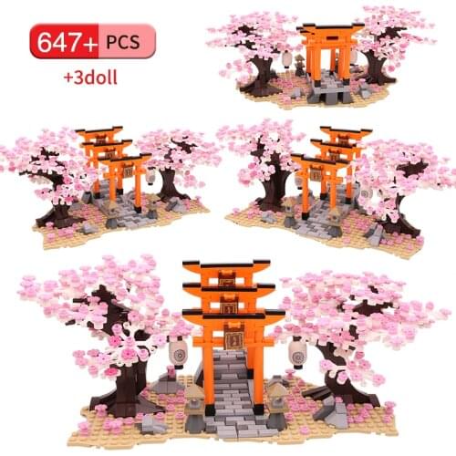 City Street View Blocks Sakura Shrine Bricks Cherry Blossom Creator House Tree Classic MOC Building Blocks Kids Toys
