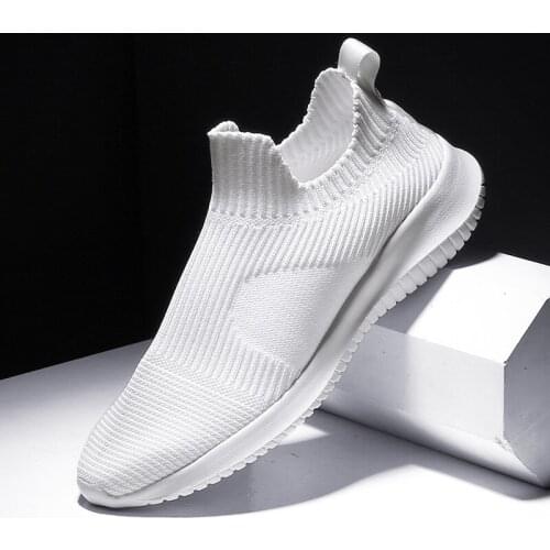 Slip-On Sneakers Men Lightweight Running Shoes Breathable Knitted Sock Shoes White Jogging Walking Sport Shoes Male Casual Shoes
