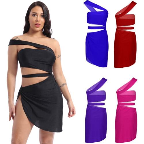 Summer Dress Pole Dancing Costume Sexy Women Fashion One Shoulder Cutout Asymmetric Hem Ruched Side Split Evening Party Dresses