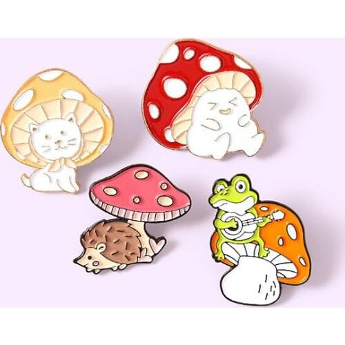 Cute Cartoon Mushroom Badge Creative Guitar Frog Hedgehog Cat Enamel Brooch Personality Lapel Backpack Jewelry Accessories Gift