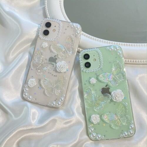 For Apple IPhone 11 12 Pro Max SE 2020 7 8 Plus X XS MAX XR Epoxy Pearl Flowers Butterfly Transparent Phone Case Soft Cover