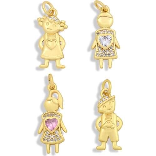 OCESRIO God Plated Jewelry Pendants Cute Boy Girl Pendants Brass Cubic Zirconia Components for Jewelry Making Wholesale Pdta386