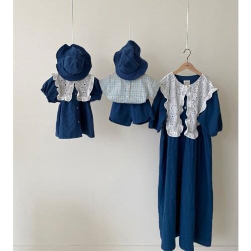 Family Look Mother Daughter And Sons Clothes Summer Korean Big Lapel Cotton Dress For Mom And Daughter Boys Plaid Shirt Shorts