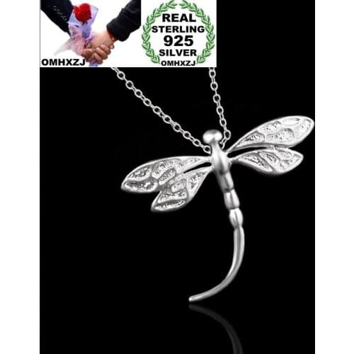 OMHXZJ Wholesale Personality Fashion OL Woman Girl Party Gift Silver Dragonfly 925 Sterling Silver Charm Pendant Necklace CH78