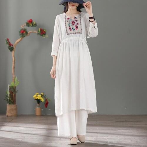 Women Dress O neck Mori Girl 2021 Spring Summer Long Sleeve Emboridery Floral Cotton Linen Fashion Robe Female YoYiKamomo