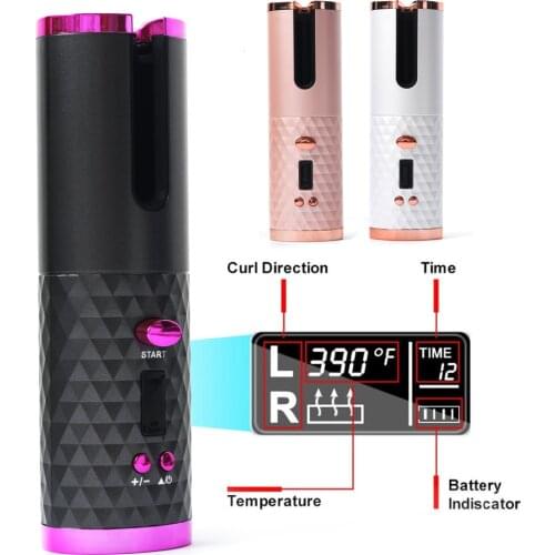 Cordless Automatic Hair Curler USB Rechargeable Curling Iron Curls Waves LCD Display Ceramic Curly Rotating Curling Wave Styer