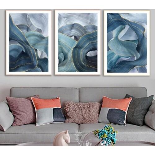 Nordic Wall Poster Golden Foil Blue painting Abstract Canvas Print Blue Ribbon Canvas Painting Pictures Living Room Decor