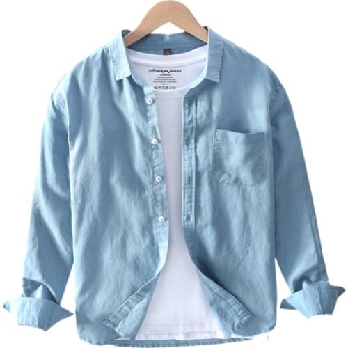 Cotton Linen Casual Shirts Men Basic Classic Red Hawaiian Shirt Male Long Sleeve Stand Collar Breathable Thin Tops