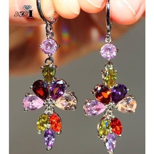 YaYI Jewelry Multi-Color Natural Moissanite Gemstones Zirconia Silver Color Wedding Party Hoop Ear Stud Precious Tassel Earrings