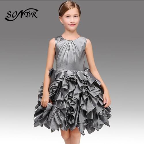 Gray Flower Girl Dress HT126 Flower Girl Pageant Ball Gowns O-neck Princess Dresses Elegant Tiered Sleeveless Kids Frocks