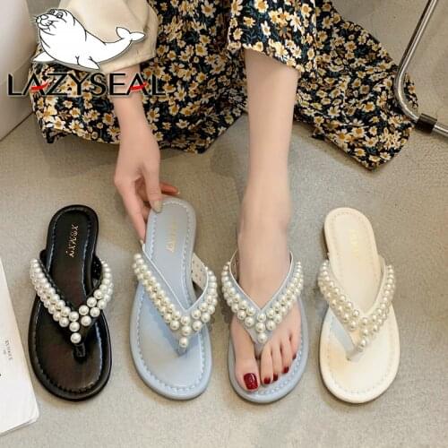 LazySeal Luxury Pearl Flat With Slides Women Flip Flops Peep Toe String Bead Comfortable Slippers Shoes Slip On Zapato Mujer