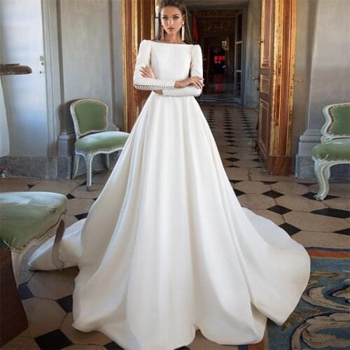 Court Train A-line Off-Shoulder Wedding Dress 2021 Satin Elegant Long Sleeve Backless Bridal Gowns vestidos de mairee Wedding
