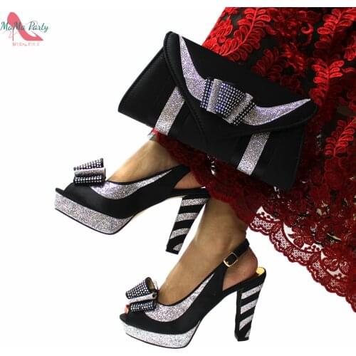 Slingbacks Peep Toe Super High Heels with Platform Mature Style Women Shoes and Bag Set in Black Color for Wedding Party