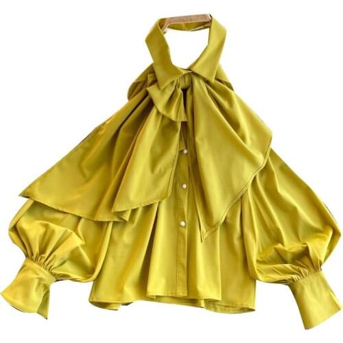 2021 Spring Autumn Blouse Women Halter Scheming Halter Shirt Bowknot Lapel Puff Sleeve Female Top