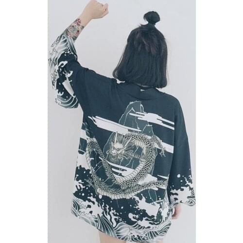 Neploe Woman Kimono Blouse Vintage Dragon Print Shirt Three Quarter Sleeve V-neck Tops Harajuku White Black Long Cardigan 33403