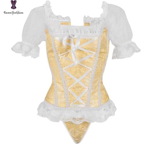 Womens Steampunk Clothing Vintage Corselets Floral Lace Short Sleeves Boned Bustier Corset Top With G String 943