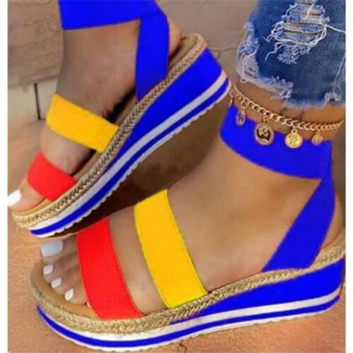 2020 Summer Women Sandals Ankle Strap Platform Wedges Heels Slip on Peep Toe Light Color Baech Ladies Shoes Zapatos De Mujer