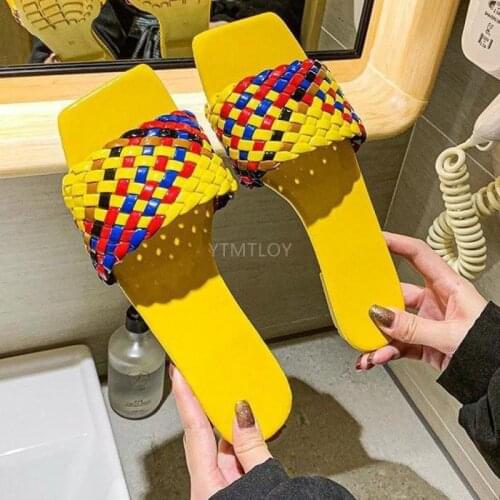 Fashion Temperament Multicolor Braided Charm Open-Toe Flat Slippers Vacation Beach Sandals Casual Slides Women Shoes