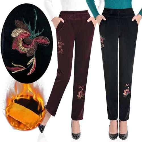 Womens autumn Winter corduroy trousers waist straight female plus size 4xl thin corduroy pants embroidery casual pants