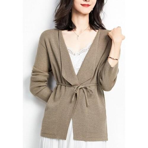 3010 Fall Winter Women Knitted Sweater Bandage Cardigan Fashion Loose V-Neck Pocket Elegant Daily Female Pure Color Casual Coat